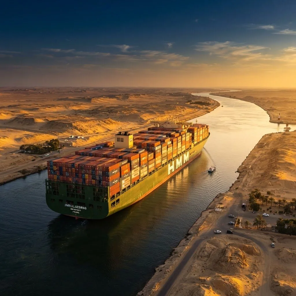 Container ship transiting the Suez Canal at golden hour